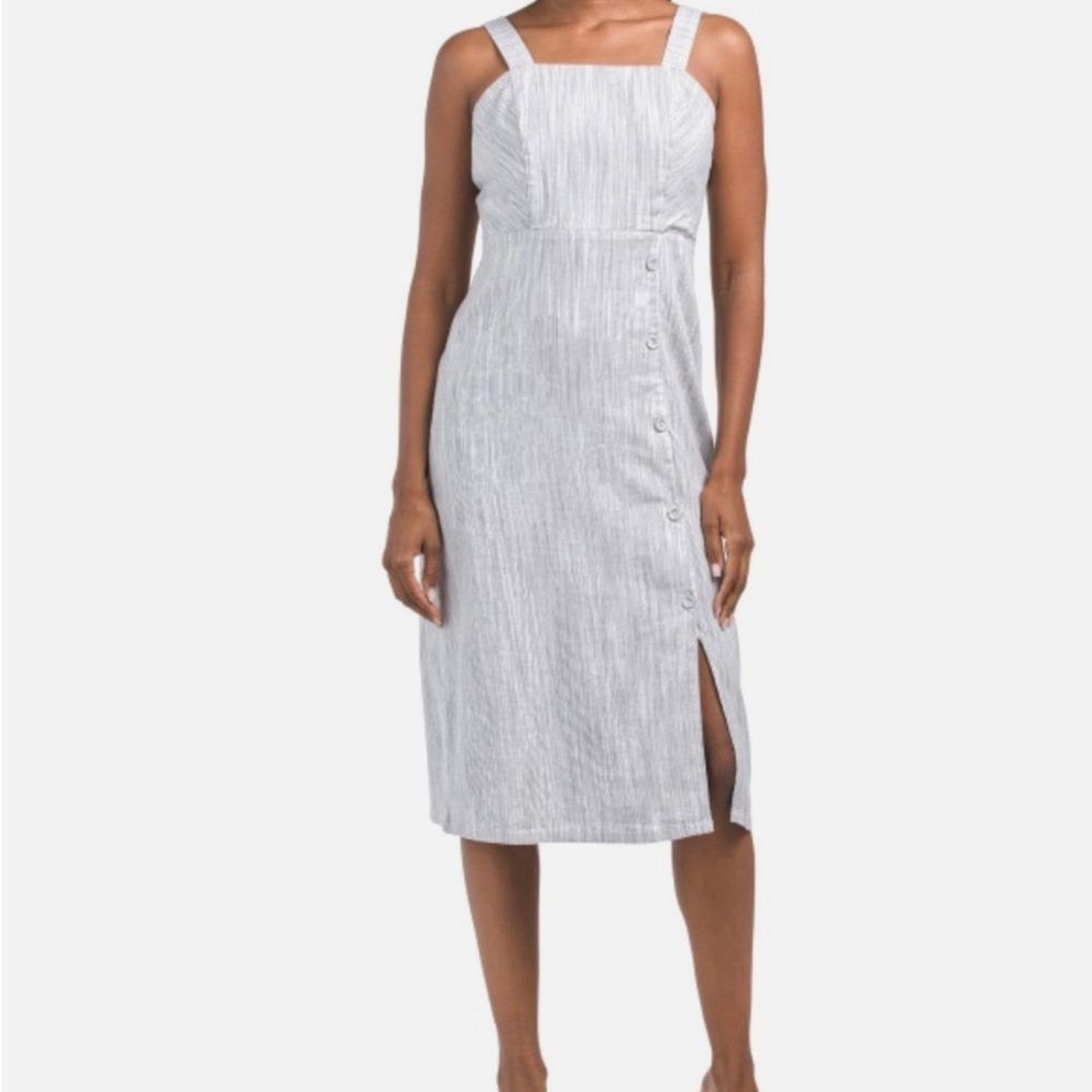 Tahari White Pleated Linen Midi Sundress